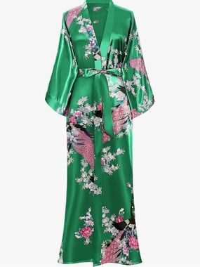Emerald Satin Floral Kimono Robe with Belt